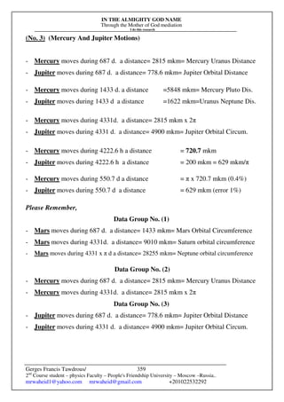 IN THE ALMIGHTY GOD NAME
Through the Mother of God mediation
I do this research
Gerges Francis Tawdrous/
2nd
Course student – physics Faculty – People's Friendship University – Moscow –Russia..
mrwaheid1@yahoo.com mrwaheid@gmail.com +201022532292
359
(No. 3) (Mercury And Jupiter Motions)
- Mercury moves during 687 d. a distance= 2815 mkm= Mercury Uranus Distance
- Jupiter moves during 687 d. a distance= 778.6 mkm= Jupiter Orbital Distance
- Mercury moves during 1433 d. a distance =5848 mkm= Mercury Pluto Dis.
- Jupiter moves during 1433 d a distance =1622 mkm=Uranus Neptune Dis.
- Mercury moves during 4331d. a distance= 2815 mkm x 2π
- Jupiter moves during 4331 d. a distance= 4900 mkm= Jupiter Orbital Circum.
- Mercury moves during 4222.6 h a distance = 720.7 mkm
- Jupiter moves during 4222.6 h a distance = 200 mkm = 629 mkm/π
- Mercury moves during 550.7 d a distance = π x 720.7 mkm (0.4%)
- Jupiter moves during 550.7 d a distance = 629 mkm (error 1%)
Please Remember,
Data Group No. (1)
- Mars moves during 687 d. a distance= 1433 mkm= Mars Orbital Circumference
- Mars moves during 4331d. a distance= 9010 mkm= Saturn orbital circumference
- Mars moves during 4331 x π d a distance= 28255 mkm= Neptune orbital circumference
Data Group No. (2)
- Mercury moves during 687 d. a distance= 2815 mkm= Mercury Uranus Distance
- Mercury moves during 4331d. a distance= 2815 mkm x 2π
Data Group No. (3)
- Jupiter moves during 687 d. a distance= 778.6 mkm= Jupiter Orbital Distance
- Jupiter moves during 4331 d. a distance= 4900 mkm= Jupiter Orbital Circum.
 