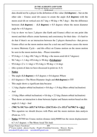 IN THE ALMIGHTY GOD NAME
Through the Mother of God mediation
I do this research
Gerges Francis Tawdrous/
2nd
Course student – physics Faculty – People's Friendship University – Moscow –Russia..
mrwaheid1@yahoo.com mrwaheid@gmail.com +201022532292
409
data should not be a player in the definition of this value (1.6 degrees) – but on the
other side – Uranus axial tilt causes to create the angle (1.1 degrees) with the
moon axial tilt on vertical axis (6.7 deg + 90 deg = 96.7 deg) – But the difference
between (1.6 degrees) - (1.1 degrees) = 0.5 degrees where the moon diameter
angle be = 0.5 degrees
- I try to show we have 2 players (the Earth and Uranus) effect on one point (the
moon) and their effects create harmony and consistency for their data – it's hard to
do that if there's no an interaction between the 2 players themselves– that proves
Uranus effect on the moon motion must be a real one and Uranus causes the moon
to move Mertonic Cycle – and this effect on Uranus motion on the moon motion
be seen in the moon motion data. - Please remember-
- 97.8 deg = 1.1 deg +96.7 deg (= 90 deg + the moon axial tilt 6.7 degrees)
- 96.7 deg = 1.1 deg +95.6 deg (= 90 deg +5.6 degrees)
- 95.6 deg= (2 x 1.1 deg) + 93.4 deg (= 90 deg + 3.4 deg)
- (this system of data we have discussed in point no. 6-3)
- Notice
- The angle (1.1 degrees) = 0.5 degrees + 0.6 degrees Where
- (0.5 degrees) = The Moon Diameter Angle and (0.6 degrees) = ???
- This angle shows a significant data because
- 1.3 deg (Jupiter orbital inclination) + 0.6 deg = 1.9 deg (Mars orbital inclination)
- And
- 1.9 deg (Mars orbital inclination) + 0.6 deg = 2.5 deg (Saturn orbital inclination)
- That shows an interaction is done between Jupiter and Saturn motion based on this
angle (1.1 deg) - And
- (708.7 h /10.7 h)= (655.7 h/ 9.9 h)= (224.7/3.4)= (2 x 153.32
h)/708.7 h = 66.2
- This equation we should discuss with Pluto and the moon motions data analysis
(Point no. 5-7)
- Notice 587500 km Uranus motion distance daily/88000 km the moon displacement=
6.7 ( 6.7 degrees = The Moon Axial Tilt And)
 