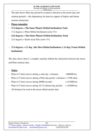 IN THE ALMIGHTY GOD NAME
Through the Mother of God mediation
I do this research
Gerges Francis Tawdrous/
2nd
Course student – physics Faculty – People's Friendship University – Moscow –Russia..
mrwaheid1@yahoo.com mrwaheid@gmail.com +201022532292
421
- The data shows Pluto day period be created as function in the moon (day and
rotation periods) – this dependency be done by support of Jupiter and Saturn
motions interaction
- Please remember
- 17.4 degrees = The Inner Planets Orbital Inclinations Total
- 17.2 degrees = Pluto Orbital Inclination (error 1%)
- 23.6 degrees = The Outer Planets Orbital Inclinations Total
- 23.4 degrees = Earth Axial Tilts (error 1%)
- 17.4 degrees = 5.1 deg (the Moo Orbital Inclination) x 3.4 deg (Venus Orbital
Inclination)
The data shows there's a complex machine behind the interaction between the moon
and Pluto motions data.
- Notice
- Pluto (4.7 km/s) moves during a solar day a distance =406000 km
- Pluto (4.7 km/s) moves during a Pluto day period a distance = 2.598 mkm
- Pluto (4.7 km/s) moves during 88000 seconds = 413600 km
- Pluto (4.7 km/s) moves during 10.7 h (Saturn day period) = 181800 km
- All distances be used in the moon orbital motion data
 