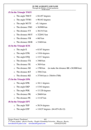 IN THE ALMIGHTY GOD NAME
Through the Mother of God mediation
I do this research
Gerges Francis Tawdrous/
2nd
Course student – physics Faculty – People's Friendship University – Moscow –Russia..
mrwaheid1@yahoo.com mrwaheid@gmail.com +201022532292
441
(5) In the Triangle TM1Y
o The angle TM1Y = 84.457 degrees
o The angle TYM1 = 90.443 degrees
o The angle M1TY =5.1 degrees
o The distance TM1 = 363000 km
o The distance YT = 361313 km
o The distance M1Y = 32269.5 km
o The distance YB = 665 km
o The distance M1B = 31604 km
(6) In the Triangle KTE
o The angle E = 63.87 degrees
o The angle ETK = 110.6 degrees
o The angle ETQ = 115.7 degrees
o The distance TX = 3460 km
o The distance TE = 3854 km
o The distance XE = 1700 km (to make the distance BE =363000 km)
o The distance KT = 35812 km
o The distance KE = 37344 km (= 35644+1700)
(7) In the Triangle EPK
o The angle EPK = 161.1 degrees
o The angle EKP = 5.543 degrees
o The angle PEK = 13.328 degrees
o The distance PK = 26604 km
o The distance PE = 11147 km
(8) In the Triangle EPT
o The angle TEP = 50.54 degrees
o The angle ETP = 110.57 degrees (84.457+26.12)
 