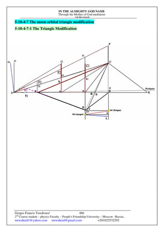 IN THE ALMIGHTY GOD NAME
Through the Mother of God mediation
I do this research
Gerges Francis Tawdrous/
2nd
Course student – physics Faculty – People's Friendship University – Moscow –Russia..
mrwaheid1@yahoo.com mrwaheid@gmail.com +201022532292
466
5-10-4-7 The moon orbital triangle modification
5-10-4-7-1 The Triangle Modification
 