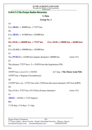 IN THE ALMIGHTY GOD NAME
Through the Mother of God mediation
I do this research
Gerges Francis Tawdrous/
2nd
Course student – physics Faculty – People's Friendship University – Moscow –Russia..
mrwaheid1@yahoo.com mrwaheid@gmail.com +201022532292
478
5-10-4-7-3 The Perigee Radius Discussion
I- Data
Group No. 1
(a)
Cos (28.63) x 88000 km = 77237 km
(b)
Cos (28.63) x 413600 km = 363000 km
(c)
Sin (10.96 ) x 406000 km = 77237 km (Cos (10.96 ) x 88000 km = 86400 km)
(d)
Cos (26.608) x 406000 km = 363000 km
(e)
Tan (97.8/3.1) x 142984 km (Jupiter diameter) =88000 km (error 1%)
(f)
The distance 77237 km x 2 = 154554 km (the hypotenuse CK)
But
155597 km x (cos 6.7) = 154554 (6.7 deg = The Moon Axial Tilt)
155597 km = Neptune Circumference
(g)
(155597 km x π) - (77237 km x2π) =3528 km (the moon diameter 3475 km (1.5%)
(h)
Tan (33.8) x 77237 km =51118 km (Uranus diameter) (error 1%)
(i)
(28.63) – (10.96) = 17.67 degrees
But
17.36 deg = 5.6 deg x 3.1 deg
 