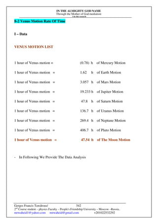 IN THE ALMIGHTY GOD NAME
Through the Mother of God mediation
I do this research
Gerges Francis Tawdrous/
2nd
Course student – physics Faculty – People's Friendship University – Moscow –Russia..
mrwaheid1@yahoo.com mrwaheid@gmail.com +201022532292
542
8-2 Venus Motion Rate Of Time
I – Data
VENUS MOTION LIST
1 hour of Venus motion = (0.78) h of Mercury Motion
1 hour of Venus motion = 1.62 h of Earth Motion
1 hour of Venus motion = 3.057 h of Mars Motion
1 hour of Venus motion = 19.233 h of Jupiter Motion
1 hour of Venus motion = 47.8 h of Saturn Motion
1 hour of Venus motion = 136.7 h of Uranus Motion
1 hour of Venus motion = 269.4 h of Neptune Motion
1 hour of Venus motion = 406.7 h of Pluto Motion
1 hour of Venus motion = 47.54 h of The Moon Motion
- In Following We Provide The Data Analysis
 
