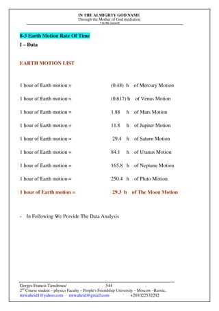 IN THE ALMIGHTY GOD NAME
Through the Mother of God mediation
I do this research
Gerges Francis Tawdrous/
2nd
Course student – physics Faculty – People's Friendship University – Moscow –Russia..
mrwaheid1@yahoo.com mrwaheid@gmail.com +201022532292
544
8-3 Earth Motion Rate Of Time
I – Data
EARTH MOTION LIST
1 hour of Earth motion = (0.48) h of Mercury Motion
1 hour of Earth motion = (0.617) h of Venus Motion
1 hour of Earth motion = 1.88 h of Mars Motion
1 hour of Earth motion = 11.8 h of Jupiter Motion
1 hour of Earth motion = 29.4 h of Saturn Motion
1 hour of Earth motion = 84.1 h of Uranus Motion
1 hour of Earth motion = 165.8 h of Neptune Motion
1 hour of Earth motion = 250.4 h of Pluto Motion
1 hour of Earth motion = 29.3 h of The Moon Motion
- In Following We Provide The Data Analysis
 