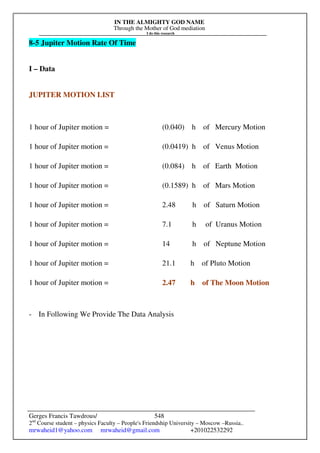 IN THE ALMIGHTY GOD NAME
Through the Mother of God mediation
I do this research
Gerges Francis Tawdrous/
2nd
Course student – physics Faculty – People's Friendship University – Moscow –Russia..
mrwaheid1@yahoo.com mrwaheid@gmail.com +201022532292
548
8-5 Jupiter Motion Rate Of Time
I – Data
JUPITER MOTION LIST
1 hour of Jupiter motion = (0.040) h of Mercury Motion
1 hour of Jupiter motion = (0.0419) h of Venus Motion
1 hour of Jupiter motion = (0.084) h of Earth Motion
1 hour of Jupiter motion = (0.1589) h of Mars Motion
1 hour of Jupiter motion = 2.48 h of Saturn Motion
1 hour of Jupiter motion = 7.1 h of Uranus Motion
1 hour of Jupiter motion = 14 h of Neptune Motion
1 hour of Jupiter motion = 21.1 h of Pluto Motion
1 hour of Jupiter motion = 2.47 h of The Moon Motion
- In Following We Provide The Data Analysis
 