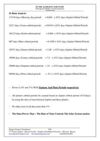 IN THE ALMIGHTY GOD NAME
Through the Mother of God mediation
I do this research
Gerges Francis Tawdrous/
2nd
Course student – physics Faculty – People's Friendship University – Moscow –Russia..
mrwaheid1@yahoo.com mrwaheid@gmail.com +201022532292
549
II–Data Analysis
175.94 days (Mercury day period) = 0.040 x 4331 days (Jupiter Orbital Period)
224.7 days (Venus orbital period) = 0.0419 x 4331 days (Jupiter Orbital Period)
365.25 days (Earth orbital period = 0.084 x 4331 days (Jupiter Orbital Period)
687 days (Mars orbital period) = 0.1589 x 4331 days (Jupiter Orbital Period)
10747 days (Saturn orbital period) = 2.48 x 4331 days (Jupiter Orbital Period)
30589 days (Uranus orbital period) = 7.1 x 4331 days (Jupiter Orbital Period)
59800 days (Neptune orbital period) = 14 x 4331 days (Jupiter Orbital Period)
90560 days (Pluto orbital period) = 21.1 x 4331 days (Jupiter Orbital Period)
- Errors (1.4% and 1%) With Neptune And Pluto Periods respectively
- All planets orbital periods be created based on Jupiter orbital period (4331days)
by using the rates of time between Jupiter and these planets
- No other error in all data more than 1% -
- The Data Proves That – The Rate of Time Controls The Solar System motion
 
