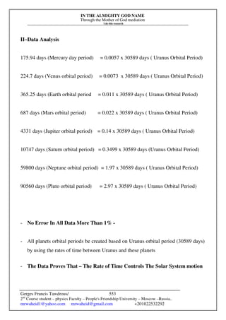 IN THE ALMIGHTY GOD NAME
Through the Mother of God mediation
I do this research
Gerges Francis Tawdrous/
2nd
Course student – physics Faculty – People's Friendship University – Moscow –Russia..
mrwaheid1@yahoo.com mrwaheid@gmail.com +201022532292
553
II–Data Analysis
175.94 days (Mercury day period) = 0.0057 x 30589 days ( Uranus Orbital Period)
224.7 days (Venus orbital period) = 0.0073 x 30589 days ( Uranus Orbital Period)
365.25 days (Earth orbital period = 0.011 x 30589 days ( Uranus Orbital Period)
687 days (Mars orbital period) = 0.022 x 30589 days ( Uranus Orbital Period)
4331 days (Jupiter orbital period) = 0.14 x 30589 days ( Uranus Orbital Period)
10747 days (Saturn orbital period) = 0.3499 x 30589 days (Uranus Orbital Period)
59800 days (Neptune orbital period) = 1.97 x 30589 days ( Uranus Orbital Period)
90560 days (Pluto orbital period) = 2.97 x 30589 days ( Uranus Orbital Period)
- No Error In All Data More Than 1% -
- All planets orbital periods be created based on Uranus orbital period (30589 days)
by using the rates of time between Uranus and these planets
- The Data Proves That – The Rate of Time Controls The Solar System motion
 