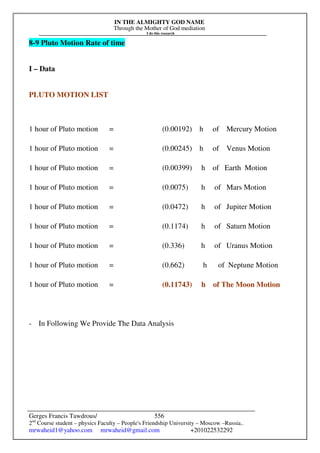 IN THE ALMIGHTY GOD NAME
Through the Mother of God mediation
I do this research
Gerges Francis Tawdrous/
2nd
Course student – physics Faculty – People's Friendship University – Moscow –Russia..
mrwaheid1@yahoo.com mrwaheid@gmail.com +201022532292
556
8-9 Pluto Motion Rate of time
I – Data
PLUTO MOTION LIST
1 hour of Pluto motion = (0.00192) h of Mercury Motion
1 hour of Pluto motion = (0.00245) h of Venus Motion
1 hour of Pluto motion = (0.00399) h of Earth Motion
1 hour of Pluto motion = (0.0075) h of Mars Motion
1 hour of Pluto motion = (0.0472) h of Jupiter Motion
1 hour of Pluto motion = (0.1174) h of Saturn Motion
1 hour of Pluto motion = (0.336) h of Uranus Motion
1 hour of Pluto motion = (0.662) h of Neptune Motion
1 hour of Pluto motion = (0.11743) h of The Moon Motion
- In Following We Provide The Data Analysis
 