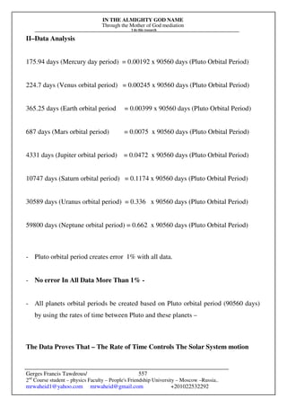 IN THE ALMIGHTY GOD NAME
Through the Mother of God mediation
I do this research
Gerges Francis Tawdrous/
2nd
Course student – physics Faculty – People's Friendship University – Moscow –Russia..
mrwaheid1@yahoo.com mrwaheid@gmail.com +201022532292
557
II–Data Analysis
175.94 days (Mercury day period) = 0.00192 x 90560 days (Pluto Orbital Period)
224.7 days (Venus orbital period) = 0.00245 x 90560 days (Pluto Orbital Period)
365.25 days (Earth orbital period = 0.00399 x 90560 days (Pluto Orbital Period)
687 days (Mars orbital period) = 0.0075 x 90560 days (Pluto Orbital Period)
4331 days (Jupiter orbital period) = 0.0472 x 90560 days (Pluto Orbital Period)
10747 days (Saturn orbital period) = 0.1174 x 90560 days (Pluto Orbital Period)
30589 days (Uranus orbital period) = 0.336 x 90560 days (Pluto Orbital Period)
59800 days (Neptune orbital period) = 0.662 x 90560 days (Pluto Orbital Period)
- Pluto orbital period creates error 1% with all data.
- No error In All Data More Than 1% -
- All planets orbital periods be created based on Pluto orbital period (90560 days)
by using the rates of time between Pluto and these planets –
The Data Proves That – The Rate of Time Controls The Solar System motion
 