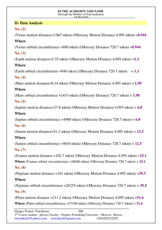 IN THE ALMIGHTY GOD NAME
Through the Mother of God mediation
I do this research
Gerges Francis Tawdrous/
2nd
Course student – physics Faculty – People's Friendship University – Moscow –Russia..
mrwaheid1@yahoo.com mrwaheid@gmail.com +201022532292
560
II- Data Analysis
No. (2)
(Venus motion distance=3.867 mkm) /(Mercury Motion Distance 4.095 mkm) =0.944
Where
(Venus orbital circumference =680 mkm) /(Mercury Distance 720.7 mkm) =0.944
No. (3)
(Earth motion distance=5.35 mkm) /(Mercury Motion Distance 4.095 mkm) =1.3
Where
(Earth orbital circumference =940 mkm) /(Mercury Distance 720.7 mkm) = 1.3
No. (4)
(Mars motion distance=8.14 mkm) /(Mercury Motion Distance 4.095 mkm) = 1.98
Where
(Mars orbital circumference =1433 mkm) /(Mercury Distance 720.7 mkm) = 1.98
No. (5)
(Jupiter motion distance=27.8 mkm) /(Mercury Motion Distance 4.095 mkm) = 6.8
Where
(Jupiter orbital circumference =4900 mkm) /(Mercury Distance 720.7 mkm) = 6.8
No. (6)
(Saturn motion distance=51.2 mkm) /(Mercury Motion Distance 4.095 mkm) = 12.5
Where
(Saturn orbital circumference =9010 mkm) /(Mercury Distance 720.7 mkm) = 12.5
No. (7)
(Uranus motion distance =102.7 mkm) /(Mercury Motion Distance 4.095 mkm) =25.1
Where (Uranus orbital circumference =18048 mkm) /(Mercury Distance 720.7 mkm) = 25.1
No. (8)
(Neptune motion distance =161 mkm) /(Mercury Motion Distance 4.095 mkm) =39.3
Where
(Neptune orbital circumference =28255 mkm) /(Mercury Distance 720.7 mkm) = 39.3
No. (9)
(Pluto motion distance =211.2 mkm) /(Mercury Motion Distance 4.095 mkm) =51.6
Where (Pluto orbital circumference =37100 mkm) /(Mercury Distance 720.7 mkm) = 51.6
 