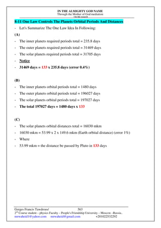 IN THE ALMIGHTY GOD NAME
Through the Mother of God mediation
I do this research
Gerges Francis Tawdrous/
2nd
Course student – physics Faculty – People's Friendship University – Moscow –Russia..
mrwaheid1@yahoo.com mrwaheid@gmail.com +201022532292
563
8-11 One Law Controls The Planets Orbital Periods And Distances
- Let's Summarize The One Law Idea In Following:
(A)
- The inner planets required periods total = 235.8 days
- The outer planets required periods total = 31469 days
- The solar planets required periods total = 31705 days
- Notice
- 31469 days = 133 x 235.8 days (error 0.4%)
(B)
- The inner planets orbital periods total = 1480 days
- The outer planets orbital periods total = 196027 days
- The solar planets orbital periods total = 197027 days
- The total 197027 days = 1480 days x 133
(C)
- The solar planets orbital distances total = 16030 mkm
- 16030 mkm = 53.99 x 2 x 149.6 mkm (Earth orbital distance) (error 1%)
- Where
- 53.99 mkm = the distance be passed by Pluto in 133 days
 