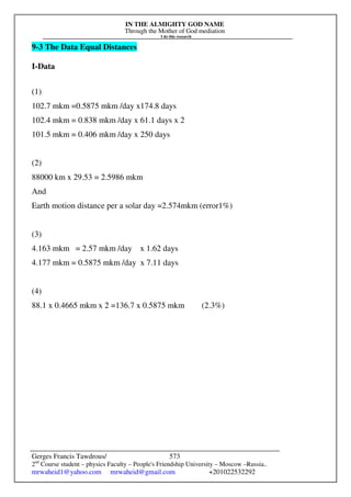 IN THE ALMIGHTY GOD NAME
Through the Mother of God mediation
I do this research
Gerges Francis Tawdrous/
2nd
Course student – physics Faculty – People's Friendship University – Moscow –Russia..
mrwaheid1@yahoo.com mrwaheid@gmail.com +201022532292
573
9-3 The Data Equal Distances
I-Data
(1)
102.7 mkm =0.5875 mkm /day x174.8 days
102.4 mkm = 0.838 mkm /day x 61.1 days x 2
101.5 mkm = 0.406 mkm /day x 250 days
(2)
88000 km x 29.53 = 2.5986 mkm
And
Earth motion distance per a solar day =2.574mkm (error1%)
(3)
4.163 mkm = 2.57 mkm /day x 1.62 days
4.177 mkm = 0.5875 mkm /day x 7.11 days
(4)
88.1 x 0.4665 mkm x 2 =136.7 x 0.5875 mkm (2.3%)
 