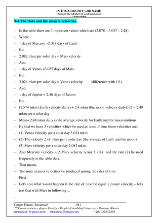 IN THE ALMIGHTY GOD NAME
Through the Mother of God mediation
I do this research
Gerges Francis Tawdrous/
2nd
Course student – physics Faculty – People's Friendship University – Moscow –Russia..
mrwaheid1@yahoo.com mrwaheid@gmail.com +201022532292
581
9-4 The Data and the planets velocities.
- In the table there are 3 important values which are (2.078 – 3.057 – 2.48)
- Where
- 1 day of Mercury =2.078 days of Earth
- But
- 2.082 mkm per solar day = Mars velocity
- And
- 1 day of Venus =3.057 days of Mars
- But
- 3.024 mkm per solar day = Venus velocity (difference with 1%)
- And
- 1 day of Jupiter = 2.48 days of Saturn
- But
- (2.574 mkm (Earth velocity daily) + 2.4 mkm (the moon velocity daily)) /2 = 2.48
mkm per a solar day
- Means 2.48 mkm daily is the average velocity for Earth and the moon motions
- By that we have 3 velocities which be used as rates of time these velocities are:
- (1) Venus velocity per a solar day 3.024 mkm
- (2) The velocity 2.48 mkm per a solar day (the average of Earth and the moon)
- (3) Mars velocity per a solar day 2.082 mkm
- And Mercury velocity = 2 Mars velocity (error 1.7%) and the rate (2) be used
frequently in the table data.
- That means,
- The inner planets velocities be produced among the rates of time
- First
- Let's test what would happen if the rate of time be equal a planet velocity – let's
test that with Mars in following…
-
 