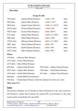 IN THE ALMIGHTY GOD NAME
Through the Mother of God mediation
I do this research
Gerges Francis Tawdrous/
2nd
Course student – physics Faculty – People's Friendship University – Moscow –Russia..
mrwaheid1@yahoo.com mrwaheid@gmail.com +201022532292
610
- More Data
Group No (III)
778.6 mkm (Jupiter Orbital Distance) = 4.61 x 170 mkm
550.7mkm (Jupiter Mars Distance) = 4.61 x 119.7 mkm
2094 mkm (Jupiter Uranus Distance) = 4.61 x 2 x 227.9 mkm
2872.5 mkm (Uranus Orbital Distance) = 4.61 x 629 mkm
3033.5 mkm (Uranus Pluto Distance) =4.61 x 654.9 mkm
5127 mkm (Jupiter Pluto Distance) = 4.61 x 2 x 550.7 mkm
5906 mkm (Pluto Orbital Distance) =4.61 x 1284 mkm
1375.6 mkm (Mercury Saturn Distance) =4.61 x 2 x 149.6 mkm
3062 mkm (Saturn Neptune Distance) =4.61 x 671 mkm
4345.5 mkm (Earth Neptune Distance) =4.61 x 940 mkm
4267.2 mkm (Mars Neptune Distance) =4.61 x 929 mkm
Where
170 mkm = Mercury Mars Distance
119.7 mkm = Venus Mars Distance
227.9 mkm = Mars Orbital Distance
629 mkm = Jupiter Earth Distance 654.9 mkm = Jupiter Saturn Distance
550.7 mkm = Jupiter Mars Distance 1284 mkm = Earth Saturn Distance
149.6 mkm = Earth Orbital Distance 671 mkm = Jupiter Venus Distance
940 mkm = Earth Orbital Circumference
929 mkm = Earth Jupiter Distance when the 2 planets be on the sun 2 sides
(Max error 1%)
Notice
The previous distances are (22 distances) where all distances in the solar system are
(45 distances) –means these distances be around 50% of all distances in the solar
system and be controlled by this rate (4.61)
 