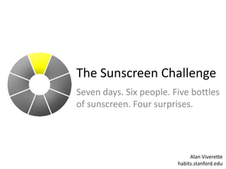 The Sunscreen Challenge Seven days. Six people. Five bottles of sunscreen. Four surprises. Alan Viverettehabits.stanford.edu 