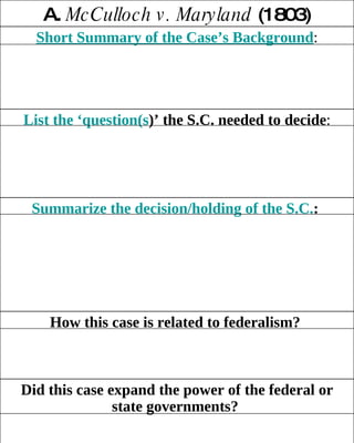 Did this case expand the power of the federal or state governments?   How this case is related to federalism?   Summarize the decision/holding of the S.C. :   List the ‘ question(s )’ the S.C. needed to decide : Short Summary of the Case’s Background : A.  McCulloch v. Maryland  (1803) 