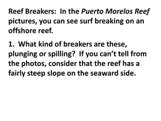 Reef Breakers: In the Puerto Morelos Reef
pictures, you can see surf breaking on an
offshore reef.
1. What kind of breakers are these,
plunging or spilling? If you can’t tell from
the photos, consider that the reef has a
fairly steep slope on the seaward side.
 