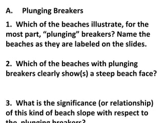 A. Plunging Breakers  1.  Which of the beaches illustrate, for the most part, “plunging” breakers? Name the beaches as they are labeled on the slides.   2.  Which of the beaches with plunging breakers clearly show(s) a steep beach face?    3.  What is the significance (or relationship) of this kind of beach slope with respect to the  plunging breakers? 