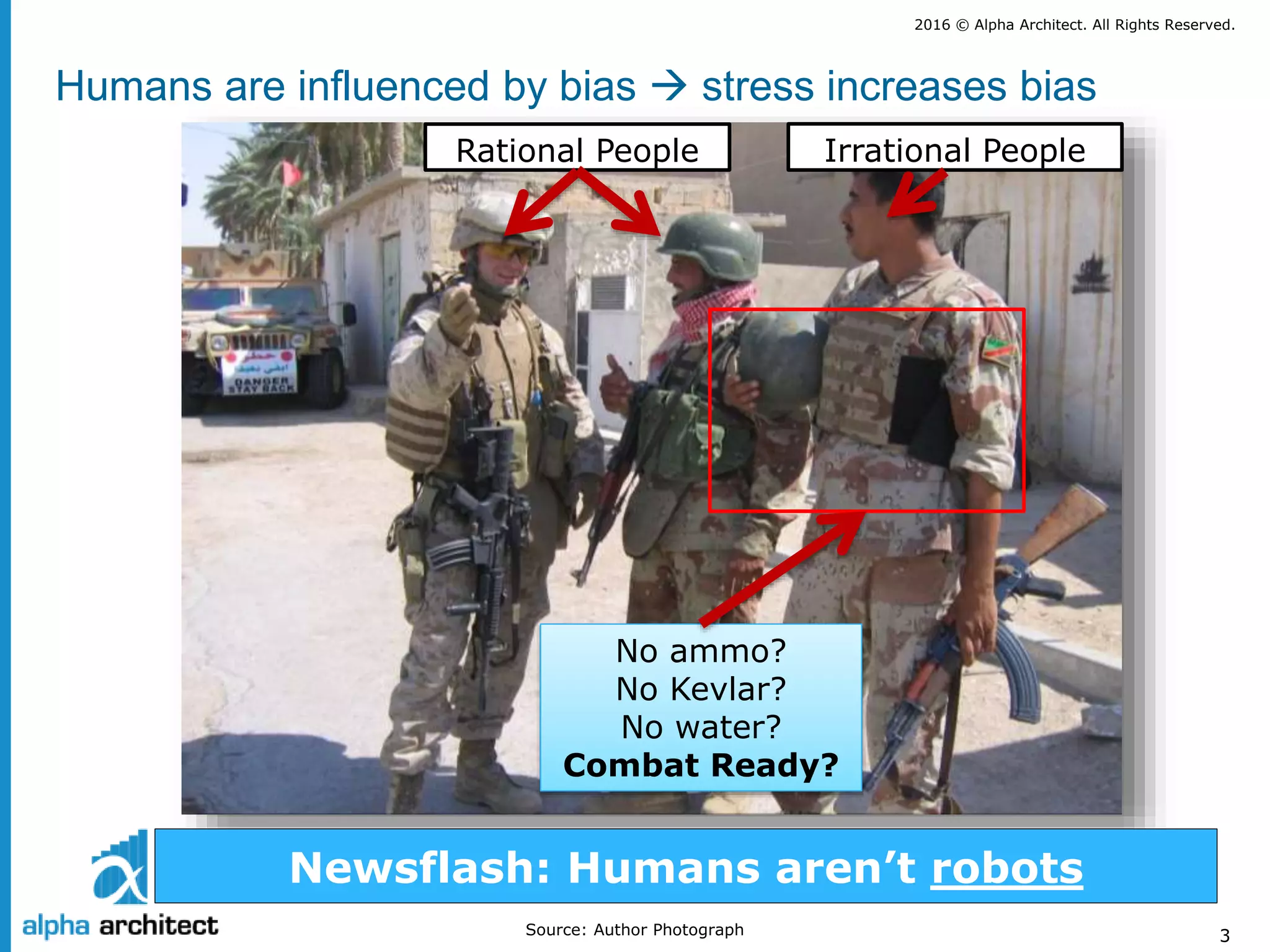2016 © Alpha Architect. All Rights Reserved.
3
No ammo?
No Kevlar?
No water?
Combat Ready?
Rational People Irrational People
Newsflash: Humans aren’t robots
Source: Author Photograph
Humans are influenced by bias  stress increases bias
 