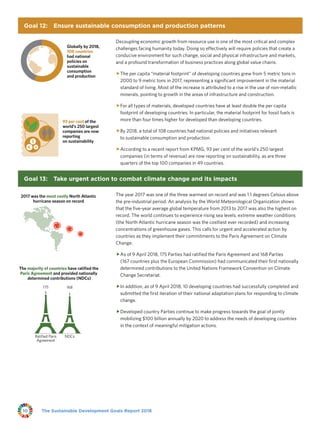 The Sustainable Development Goals Report 201810
Goal 12: Ensure sustainable consumption and production patterns
93 per cent of the
world’s 250 largest
companies are now
reporting
on sustainability
Globally by 2018,
108 countries
had national
policies on
sustainable
consumption
and production
Decoupling economic growth from resource use is one of the most critical and complex
challenges facing humanity today. Doing so effectively will require policies that create a
conducive environment for such change, social and physical infrastructure and markets,
and a profound transformation of business practices along global value chains.
ffThe per capita “material footprint” of developing countries grew from 5 metric tons in
2000 to 9 metric tons in 2017, representing a significant improvement in the material
standard of living. Most of the increase is attributed to a rise in the use of non-metallic
minerals, pointing to growth in the areas of infrastructure and construction.
ffFor all types of materials, developed countries have at least double the per capita
footprint of developing countries. In particular, the material footprint for fossil fuels is
more than four times higher for developed than developing countries.
ffBy 2018, a total of 108 countries had national policies and initiatives relevant
to sustainable consumption and production.
ffAccording to a recent report from KPMG, 93 per cent of the world’s 250 largest
companies (in terms of revenue) are now reporting on sustainability, as are three
quarters of the top 100 companies in 49 countries.
Goal 13: Take urgent action to combat climate change and its impacts
2017 was the most costly North Atlantic
hurricane season on record
The majority of countries have ratified the
Paris Agreement and provided nationally
determined contributions (NDCs)
Ratified Paris
Agreement
NDCs
168175
The year 2017 was one of the three warmest on record and was 1.1 degrees Celsius above
the pre-industrial period. An analysis by the World Meteorological Organization shows
that the five-year average global temperature from 2013 to 2017 was also the highest on
record. The world continues to experience rising sea levels, extreme weather conditions
(the North Atlantic hurricane season was the costliest ever recorded) and increasing
concentrations of greenhouse gases. This calls for urgent and accelerated action by
countries as they implement their commitments to the Paris Agreement on Climate
Change.
ffAs of 9 April 2018, 175 Parties had ratified the Paris Agreement and 168 Parties
(167 countries plus the European Commission) had communicated their first nationally
determined contributions to the United Nations Framework Convention on Climate
Change Secretariat.
ffIn addition, as of 9 April 2018, 10 developing countries had successfully completed and
submitted the first iteration of their national adaptation plans for responding to climate
change.
ffDeveloped country Parties continue to make progress towards the goal of jointly
mobilizing $100 billion annually by 2020 to address the needs of developing countries
in the context of meaningful mitigation actions.
 