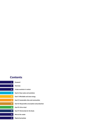 Contents
	3	 Foreword
	4	 Overview
	16	 A data revolution in motion
	18	 Goal 6: Clean water and sanitation
	22	 Goal 7: Affordable and clean energy
	24	 Goal 11: Sustainable cities and communities
	26	 Goal 12: Responsible consumption and production
	28	 Goal 15: Life on land
	30	 Goal 17: Partnership for the Goals
	34	 Note to the reader
	35	 Regional groupings
 