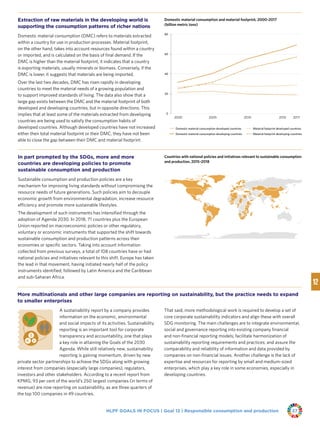 HLPF GOALS IN FOCUS | Goal 12 | Responsible consumption and production 27
Extraction of raw materials in the developing world is
supporting the consumption patterns of richer nations
Domestic material consumption (DMC) refers to materials extracted
within a country for use in production processes. Material footprint,
on the other hand, takes into account resources found within a country
or imported, and is calculated on the basis of final demand. If the
DMC is higher than the material footprint, it indicates that a country
is exporting materials, usually minerals or biomass. Conversely, if the
DMC is lower, it suggests that materials are being imported.
Over the last two decades, DMC has risen rapidly in developing
countries to meet the material needs of a growing population and
to support improved standards of living. The data also show that a
large gap exists between the DMC and the material footprint of both
developed and developing countries, but in opposite directions. This
implies that at least some of the materials extracted from developing
countries are being used to satisfy the consumption habits of
developed countries. Although developed countries have not increased
either their total material footprint or their DMC, they have not been
able to close the gap between their DMC and material footprint.
Material footprint developing countriesDomestic material consumption developing countries
Material footprint developed countriesDomestic material consumption developed countries
Domestic material consumption and material footprint, 2000–2017
(billion metric tons)
0
20
40
60
80
2000 2005 2010 2015 2017
In part prompted by the SDGs, more and more
countries are developing policies to promote
sustainable consumption and production
Sustainable consumption and production policies are a key
mechanism for improving living standards without compromising the
resource needs of future generations. Such policies aim to decouple
economic growth from environmental degradation, increase resource
efficiency and promote more sustainable lifestyles.
The development of such instruments has intensified through the
adoption of Agenda 2030. In 2018, 71 countries plus the European
Union reported on macroeconomic policies or other regulatory,
voluntary or economic instruments that supported the shift towards
sustainable consumption and production patterns across their
economies or specific sectors. Taking into account information
collected from previous surveys, a total of 108 countries have or had
national policies and initiatives relevant to this shift. Europe has taken
the lead in that movement, having initiated nearly half of the policy
instruments identified, followed by Latin America and the Caribbean
and sub-Saharan Africa.
More multinationals and other large companies are reporting on sustainability, but the practice needs to expand
to smaller enterprises
A sustainability report by a company provides
information on the economic, environmental
and social impacts of its activities. Sustainability
reporting is an important tool for corporate
transparency and accountability, one that plays
a key role in attaining the Goals of the 2030
Agenda. While still relatively new, sustainability
reporting is gaining momentum, driven by new
private sector partnerships to achieve the SDGs along with growing
interest from companies (especially large companies), regulators,
investors and other stakeholders. According to a recent report from
KPMG, 93 per cent of the world’s 250 largest companies (in terms of
revenue) are now reporting on sustainability, as are three quarters of
the top 100 companies in 49 countries.
That said, more methodological work is required to develop a set of
core corporate sustainability indicators and align these with overall
SDG monitoring. The main challenges are to integrate environmental,
social and governance reporting into existing company financial
and non-financial reporting models; facilitate harmonization of
sustainability reporting requirements and practices; and assure the
comparability and reliability of information and data provided by
companies on non-financial issues. Another challenge is the lack of
expertise and resources for reporting by small and medium-sized
enterprises, which play a key role in some economies, especially in
developing countries.
Countries with national policies and initiatives relevant to sustainable consumption
and production, 2015–2018
 