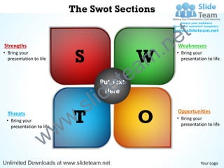 The Swot Sections


                                                     e t
Strengths
• Bring your
                           S                   W m .n   Weaknesses
                                                        • Bring your



                                               a
  presentation to life                                    presentation to life




                                           e
                                    Put Text te
                               s l idHere

  Threats
                          T
                          w .                  O
                                                        Opportunities
                                                        • Bring your


                     w
 • Bring your
   presentation to life                                   presentation to life



                   w
Unlimited Downloads at www.slideteam.net                            Your Logo
 