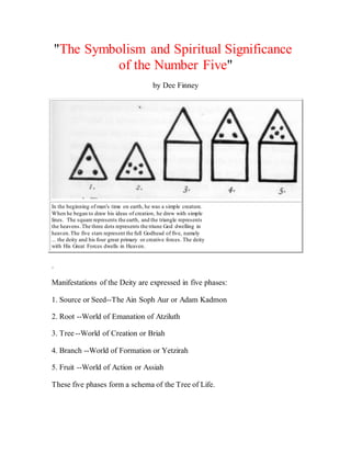 "The Symbolism and Spiritual Significance
of the Number Five"
by Dee Finney
In the beginning of man's time on earth, he was a simple creature.
When he began to draw his ideas of creation, he drew with simple
lines. The square represents the earth, and the triangle represents
the heavens.The three dots represents the triune God dwelling in
heaven.The five stars represent the full Godhead of five, namely
... the deity and his four great primary or creative forces. The deity
with His Great Forces dwells in Heaven.
.
Manifestations of the Deity are expressed in five phases:
1. Source or Seed--The Ain Soph Aur or Adam Kadmon
2. Root --World of Emanation of Atziluth
3. Tree --World of Creation or Briah
4. Branch --World of Formation or Yetzirah
5. Fruit --World of Action or Assiah
These five phases form a schema of the Tree of Life.
 