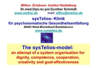 Milton- Erickson- Institut Heidelberg
     Dr.med.Dipl.rer.pol.Gunther Schmidt
   www.meihei.de        mail: office@meihei.de
              sysTelios- Klinik
für psychosomatische Gesundheitsentfaltung
        69483 Wald-Michelbach/Siedelsbrunn
                www.systelios.de




       The sysTelios-model:
 an attempt of a system organisation for
   dignity, competence, cooperation,
     creativity and goal-effectiveness
 