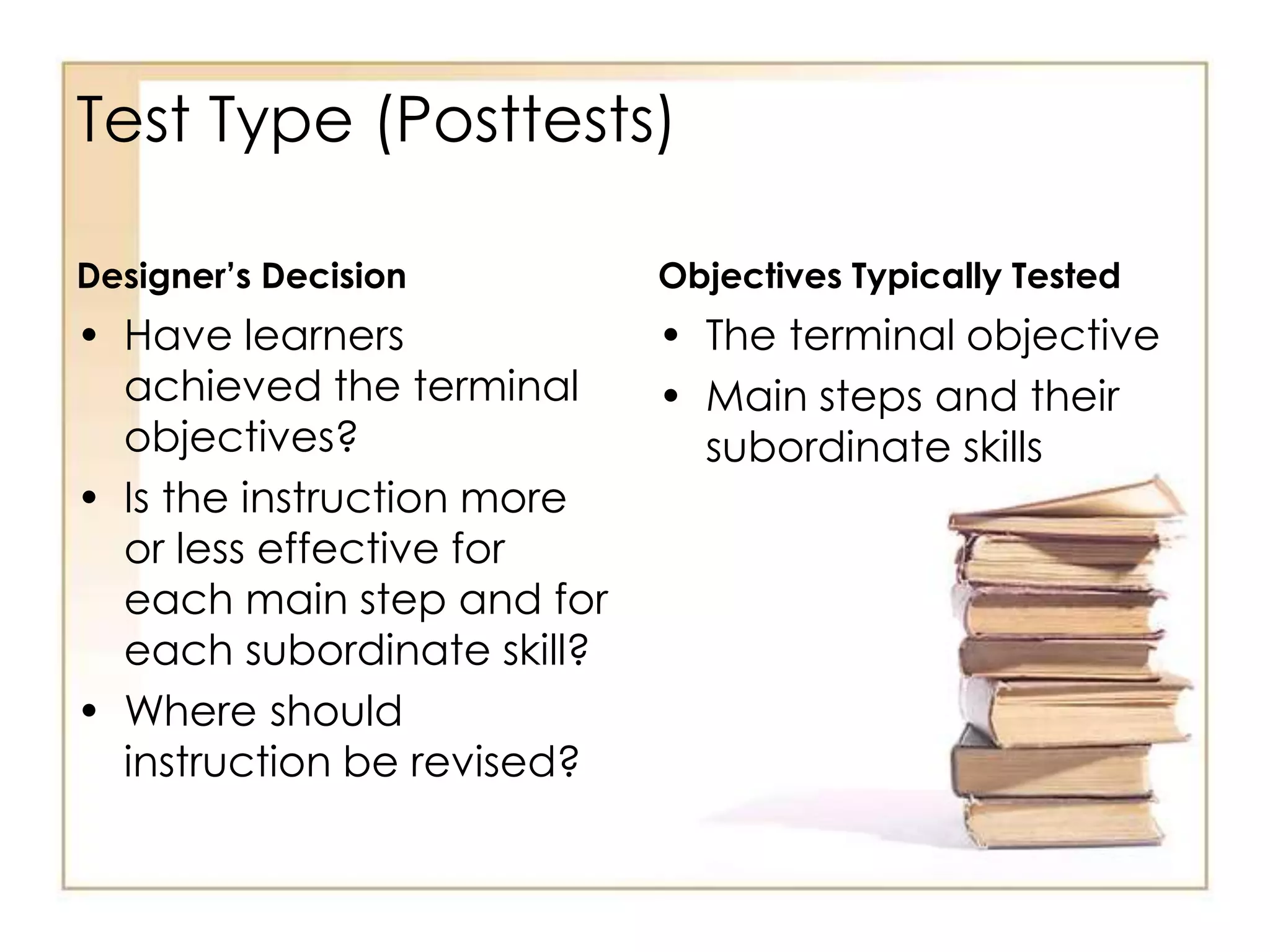 Test Type (Posttests)
Designer’s Decision
• Have learners
achieved the terminal
objectives?
• Is the instruction more
or less effective for
each main step and for
each subordinate skill?
• Where should
instruction be revised?
Objectives Typically Tested
• The terminal objective
• Main steps and their
subordinate skills
 