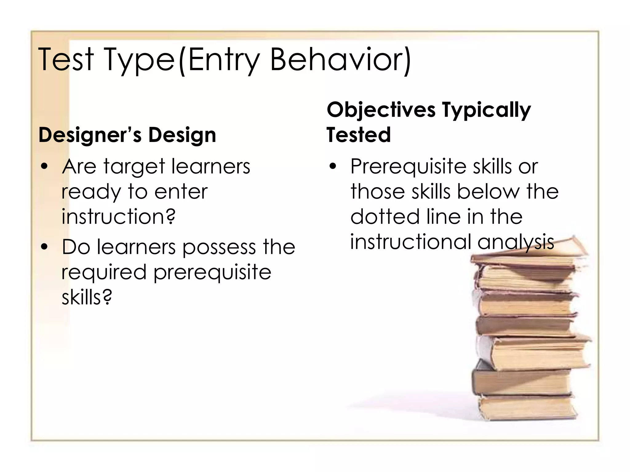 Test Type(Entry Behavior)
Designer’s Design
• Are target learners
ready to enter
instruction?
• Do learners possess the
required prerequisite
skills?
Objectives Typically
Tested
• Prerequisite skills or
those skills below the
dotted line in the
instructional analysis
 