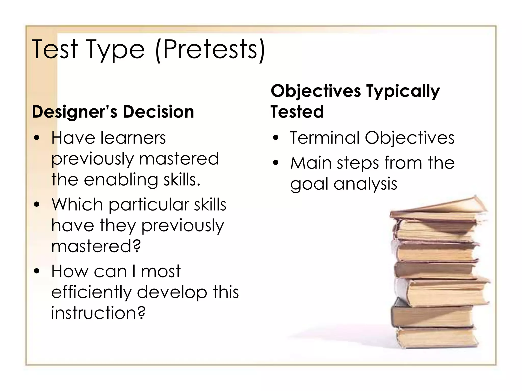 Test Type (Pretests)
Designer’s Decision
• Have learners
previously mastered
the enabling skills.
• Which particular skills
have they previously
mastered?
• How can I most
efficiently develop this
instruction?
Objectives Typically
Tested
• Terminal Objectives
• Main steps from the
goal analysis
 