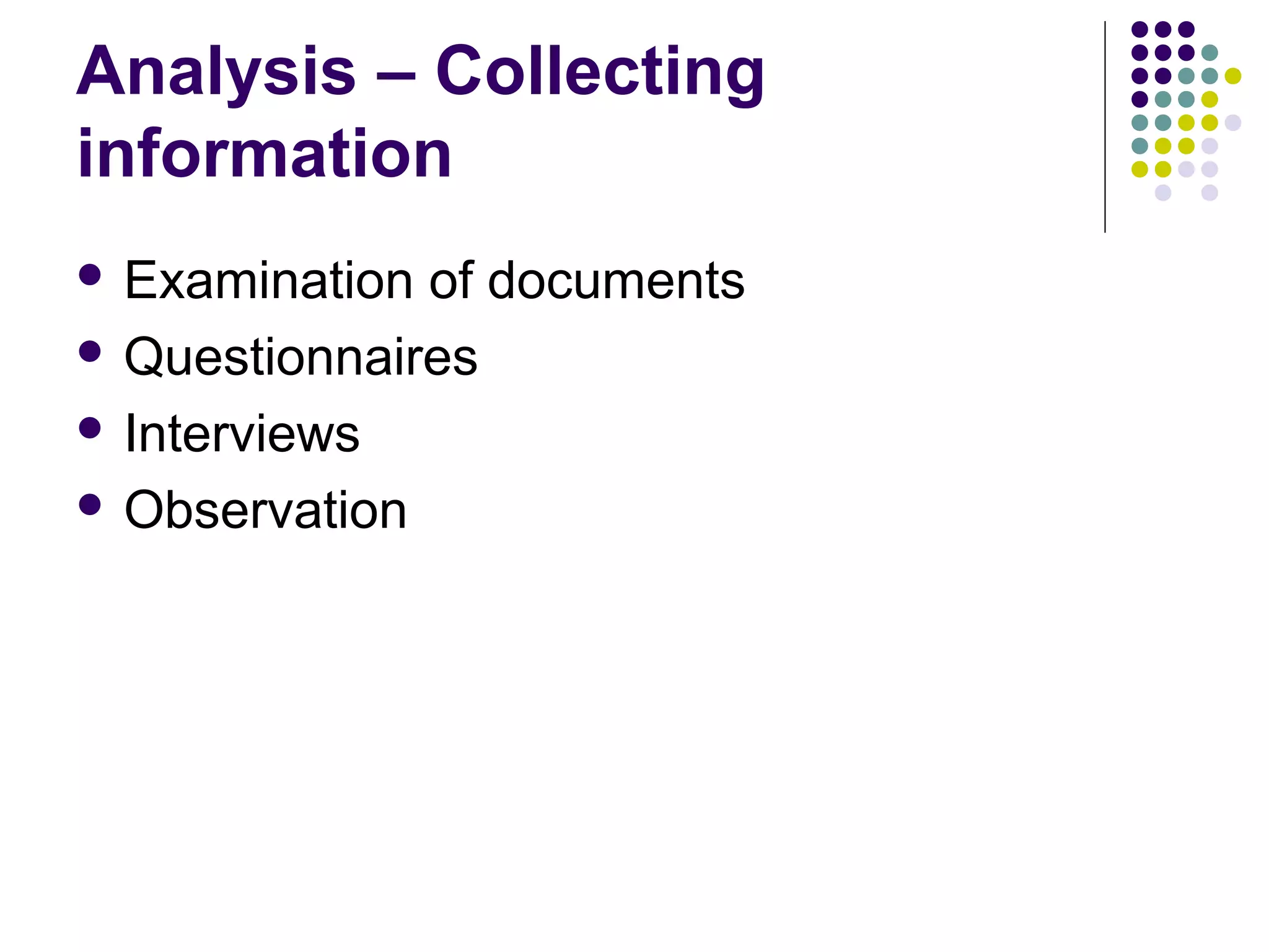 Analysis – Collecting
information
 Examination of documents
 Questionnaires

 Interviews

 Observation
 