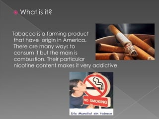  What is it?
Tabacco is a farming product
that have origin in America.
There are many ways to
consum it but the main is
combustion. Their particular
nicotine content makes it very addictive.
 