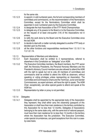 1: Constitution
ITTF Handbook 2020 Page 15
for the same role.
1.5.1.2.3 to appoint, in odd numbered years, the full and co...