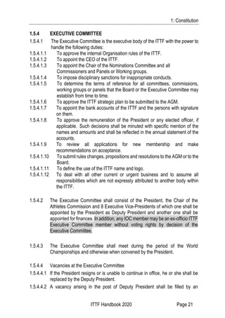 1: Constitution
ITTF Handbook 2020 Page 21
1.5.4 EXECUTIVE COMMITTEE
1.5.4.1 The Executive Committee is the executive body...