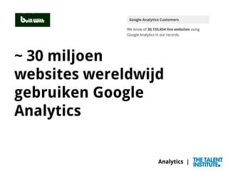 Analytics |
~ 30 miljoen
websites wereldwijd
gebruiken Google
Analytics
 