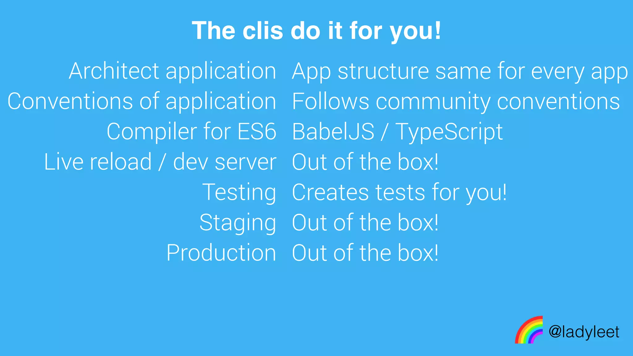 made with keynote
Architect application
Conventions of application
Compiler for ES6
Live reload / dev server
Testing
Staging
Production
@ladyleet
The clis do it for you!
App structure same for every app
Follows community conventions
BabelJS / TypeScript
Out of the box!
Creates tests for you!
Out of the box!
Out of the box!
 