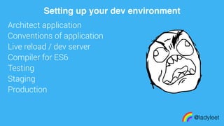 made with keynote
Architect application
Conventions of application
Live reload / dev server
Compiler for ES6
Testing
Staging
Production
@ladyleet
Setting up your dev environment
 
