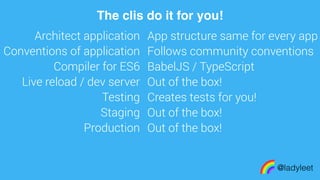 made with keynote
Architect application
Conventions of application
Compiler for ES6
Live reload / dev server
Testing
Staging
Production
@ladyleet
The clis do it for you!
App structure same for every app
Follows community conventions
BabelJS / TypeScript
Out of the box!
Creates tests for you!
Out of the box!
Out of the box!
 
