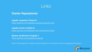 made with keynote
Links
@ladyleet
Starter Repositories
Angular Jeopardy in ReactJS
https://github.com/ladyleet/angular-jeopardy-react
Angular Cruise in EmberJS
https://github.com/ladyleet/ng-cruise-demo-ember
Banana JavaScript in Angular 2
https://github.com/ladyleet/bananajs
Note: Download the master branch (starter) but check out the completed branches
 