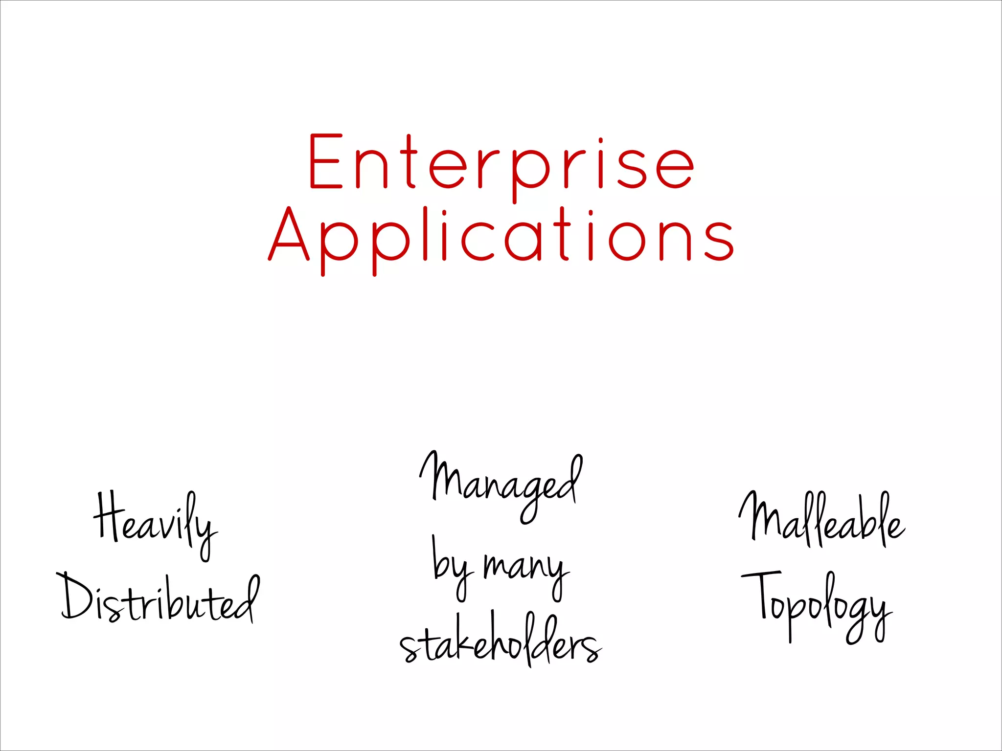 Enterprise
Applications
Heavily
Distributed
Managed
by many
stakeholders
Malleable
Topology
 