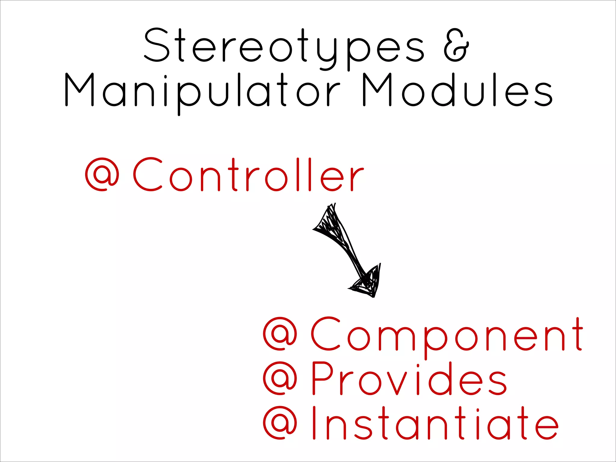 Stereotypes &
Manipulator Modules
@Controller
@Component
@Provides
@Instantiate
 