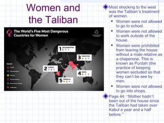 Women and
the Taliban
Most shocking to the west
was the Taliban’s treatment
of women.
 Women were not allowed
to go to school.
 Women were not allowed
to work outside of the
house.
 Women were prohibited
from leaving the house
without a male relative as
a chaperone. This is
known as Purdah (the
practice of keeping
women secluded so that
they can’t be see by
men.
 Women were not allowed
to go into shops.
Page 44: “Mother hadn’t
been out of the house since
the Taliban had taken over
Kabul a year and a half
before.”
 