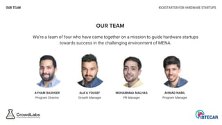 AYHAM BASHEER ALA’A YOUSEF MOHAMMAD MALHAS AHMAD NABIL
KICKSTARTER FOR HARDWARE STARTUPSOUR TEAM
We’re a team of four who ...