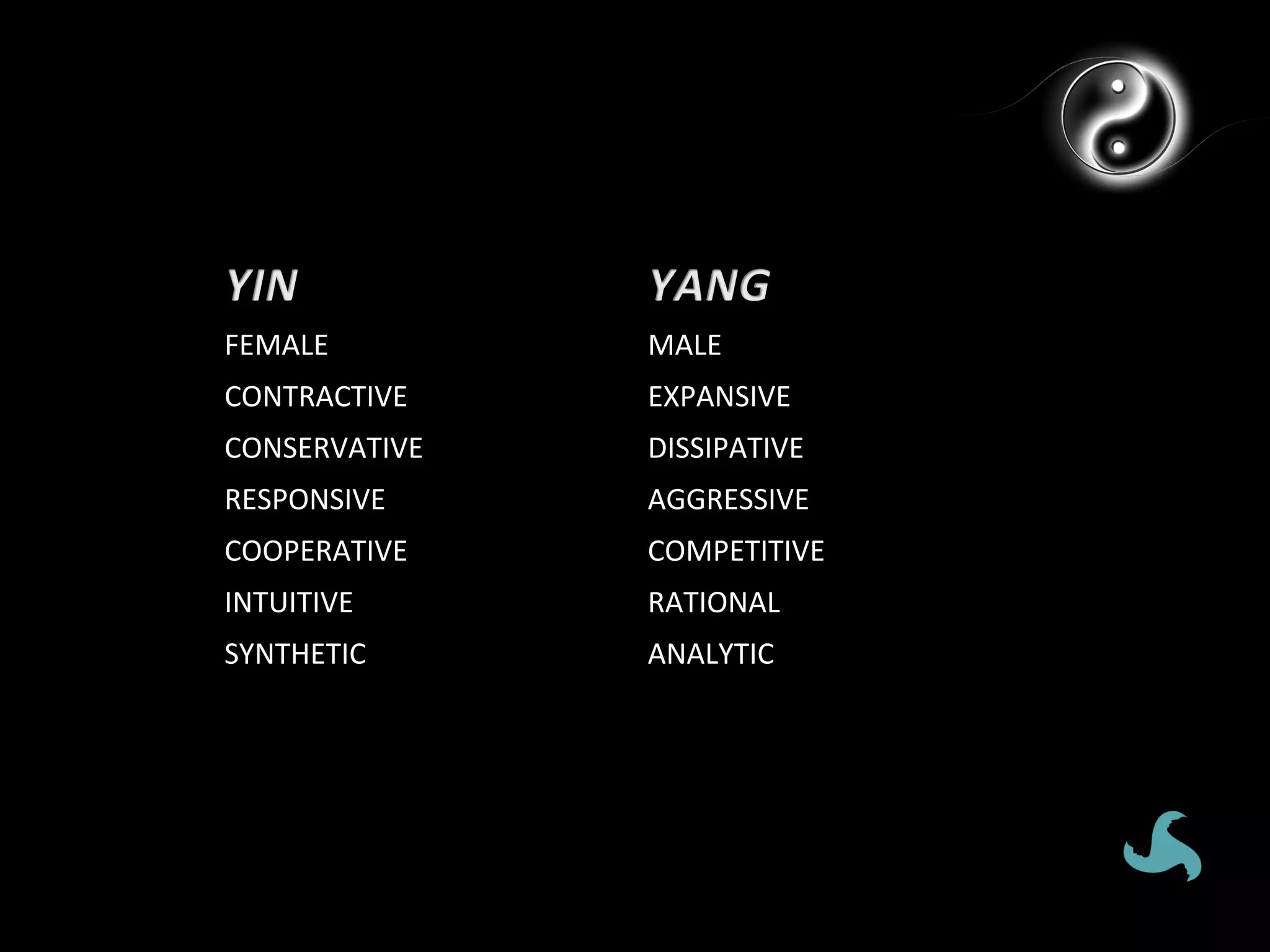 FEMALE	
           MALE	
  
CONTRACTIVE	
      EXPANSIVE	
  
CONSERVATIVE	
     DISSIPATIVE	
  
RESPONSIVE	
       AGGRESSIVE	
  
COOPERATIVE	
      COMPETITIVE	
  
INTUITIVE	
        RATIONAL	
  
SYNTHETIC	
        ANALYTIC	
  
 