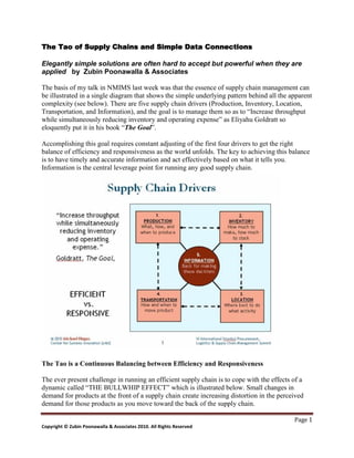 The Tao of Supply Chains and Simple Data Connections

Elegantly simple solutions are often hard to accept but powerful when they are
applied by Zubin Poonawalla & Associates

The basis of my talk in NMIMS last week was that the essence of supply chain management can
be illustrated in a single diagram that shows the simple underlying pattern behind all the apparent
complexity (see below). There are five supply chain drivers (Production, Inventory, Location,
Transportation, and Information), and the goal is to manage them so as to “Increase throughput
while simultaneously reducing inventory and operating expense” as Eliyahu Goldratt so
eloquently put it in his book “The Goal”.

Accomplishing this goal requires constant adjusting of the first four drivers to get the right
balance of efficiency and responsiveness as the world unfolds. The key to achieving this balance
is to have timely and accurate information and act effectively based on what it tells you.
Information is the central leverage point for running any good supply chain.




The Tao is a Continuous Balancing between Efficiency and Responsiveness

The ever present challenge in running an efficient supply chain is to cope with the effects of a
dynamic called “THE BULLWHIP EFFECT” which is illustrated below. Small changes in
demand for products at the front of a supply chain create increasing distortion in the perceived
demand for those products as you move toward the back of the supply chain.

                                                                                            Page 1
Copyright © Zubin Poonawalla & Associates 2010. All Rights Reserved
 