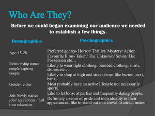 Demographics
Age: 15-28
Relationship status:
couple/aspiring
couple
Gender: either
Job: Newly started
jobs/ apprentices / full
time education
Psychographics
Preferred genres- Horror/ Thriller/ Mystery/ Action.
Favourite films- Taken/ The Unknown/ Seven/ The
Possession etc…
Likely to wear tight clothing, branded clothing, shirts,
chinos etc…
Likely to shop at high end street shops like burton, next,
bank.
Most probably have an active lifestyle not necessarily
sporty.
Like to let loose at parties and frequently dating people.
Definitely a sense of pride and individuality in their
appearances; like to stand out in a crowd to attract mates.
Before we could began examining our audience we needed
to establish a few things.
 