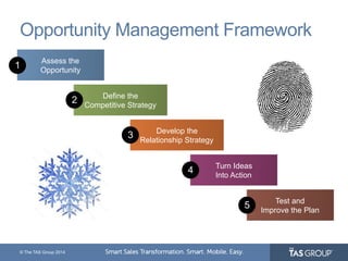 Opportunity Management Framework 
Assess the 
Opportunity 
© The TAS Group 2014 
Test and 
Improve the Plan 
Turn Ideas 
Into Action 
Develop the 
Relationship Strategy 
Define the 
Competitive Strategy 
1 
2 
3 
4 
5 
 