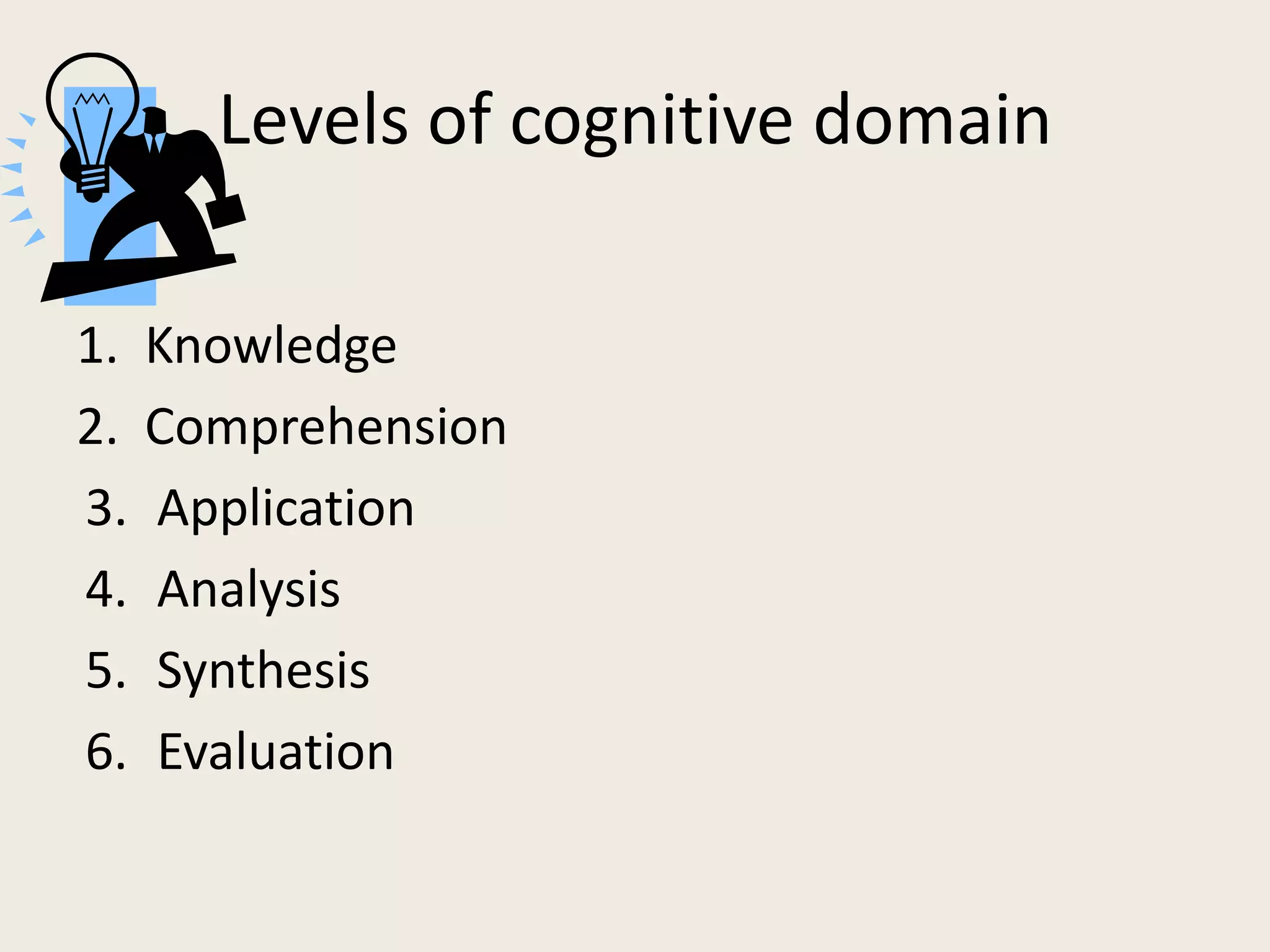 Levels of cognitive domain

1. Knowledge
2. Comprehension
3. Application
4. Analysis
5. Synthesis
6. Evaluation
 